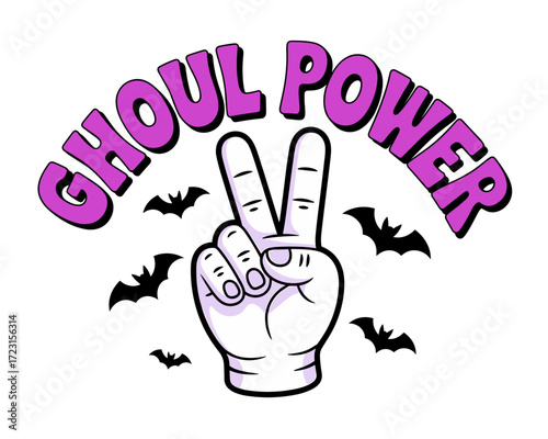 Hand gesture with peace sign and ghoul power text with bats  
