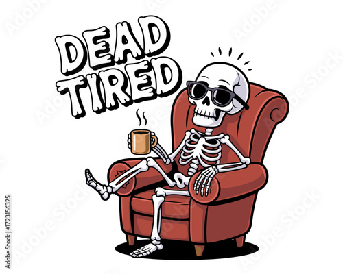Skeleton relaxing on chair with coffee cup expressing tiredness  