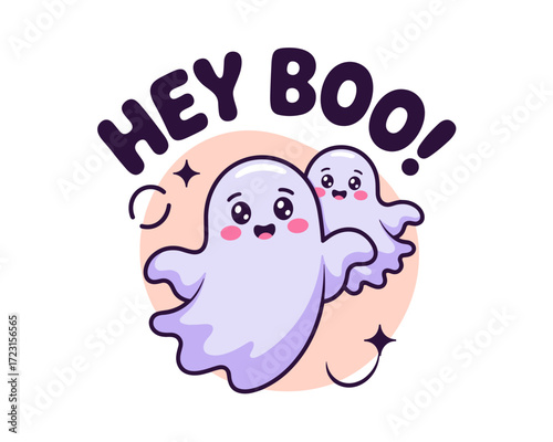 Playful cartoon ghosts with cheerful expressions saying "Hey Boo!"  