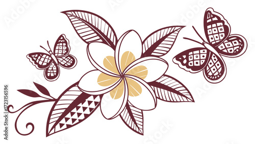 Ornate Plumeria Flower and Butterflies in Decorative Style