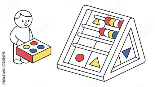 Stylized Child Figure with Colorful Shape Sorter and Abacus Illustration