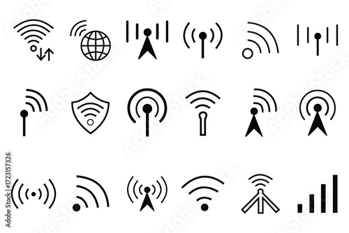Wi Fi icon set.  Wireless symbol collection. Internet sign. Wireless network set, communication and connection symbol. Technology for information. Vector line art illustration on white background.
