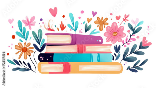 Vibrant illustration of neatly stacked pile of colorful books blooming with whimsical flowers and botanical elements against dark, contrasting backdrop