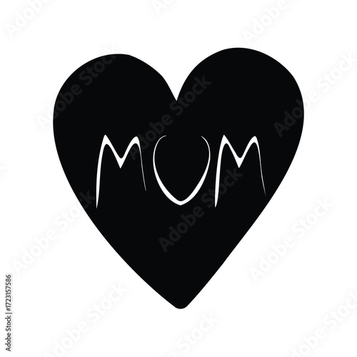 A stylized black heart with the word MOM written in white