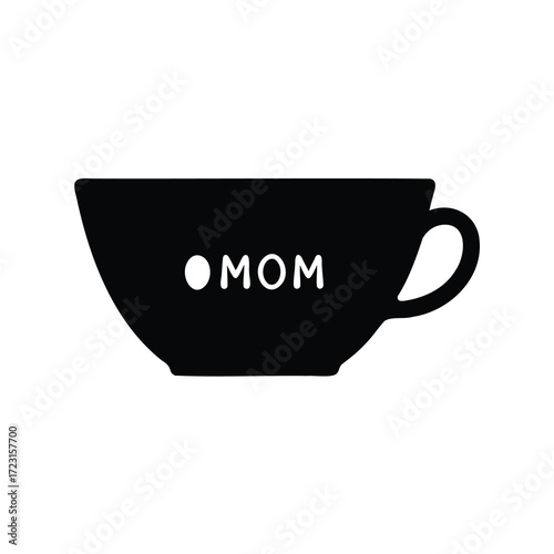 A delightful black teacup with the word MOM written on it