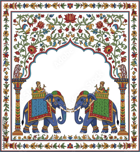  Create a Mughal Rajasthani art style featuring adorned elephants floral archway and decorative border vector art with white background.