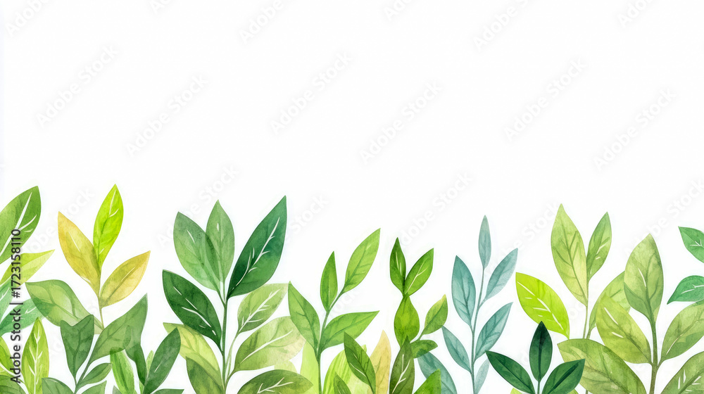 Fototapeta premium Vibrant watercolor green and yellow leaves forming lush botanical border against clean white background, depicting fresh organic growth and nature's serene beauty