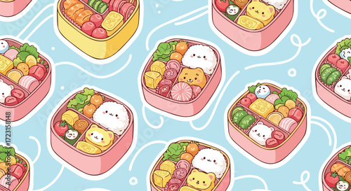 Adorable kawaii bento boxes filled with cute food designs, perfect for playful packaging and cheerful children's themes