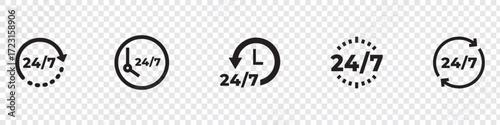 24 7 service icon set. 24-7 open, concept with call icon. Support 24 hours a day and 7 days a week. Support service. Vector Illustration. EPS 10