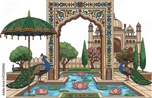 Create a Traditional Mughal decorative garden with arch, ornate parasol, peacocks, trees, lotus flowers, and palace vector art with white background..