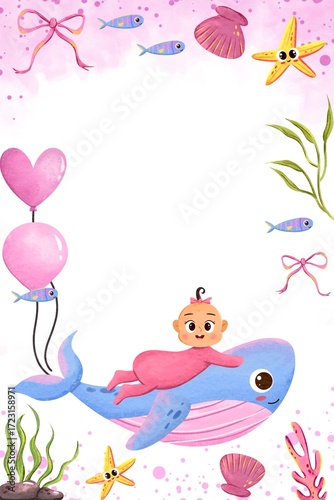 Baby Shower girl party invitations with an underwater world theme and adorable sea animals 