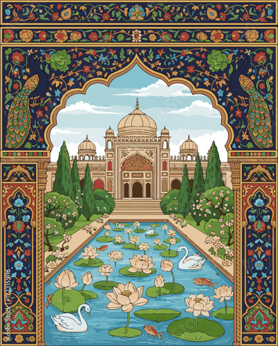 Create a Traditional Mughal decorative arch wedding frame featuring palace garden, lotus flowers, and Pichwai art illustration vector art with white background.