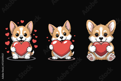 Cute corgi puppies holding red hearts puppy love