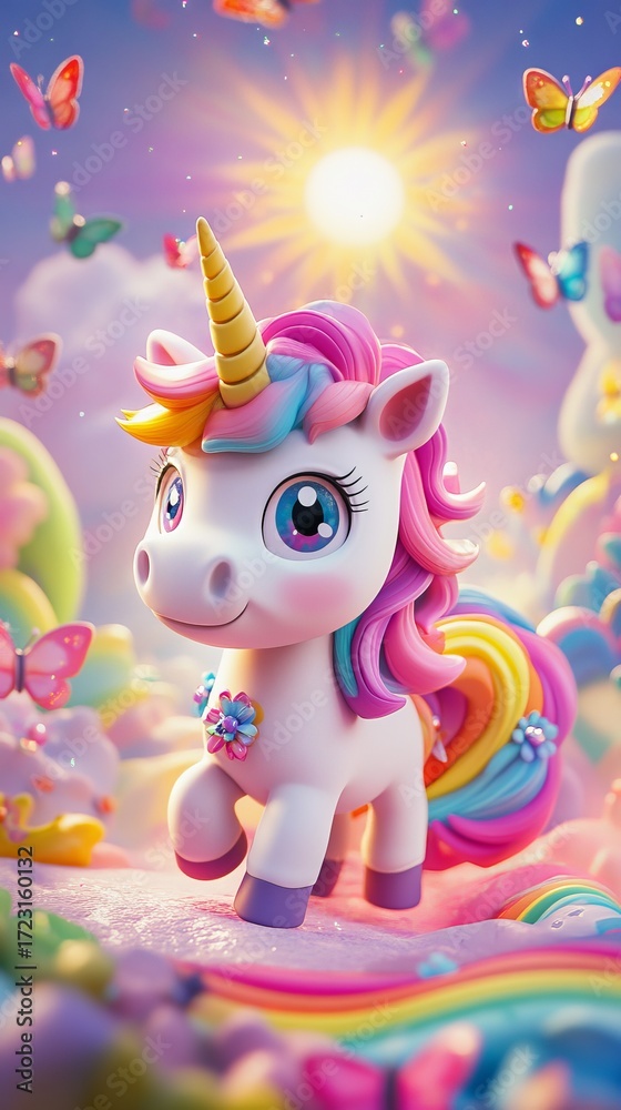 Fototapeta premium A charming unicorn figure frolics through a vibrant landscape filled with butterflies and rainbows, evoking a sense of joy and enchantment. Perfect for whimsical themes.