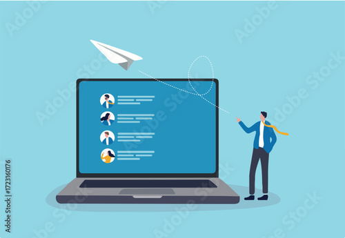Mailing list to send email campaign, subscription email management software, sending promotion or communicate marketing message concept, businessman with mailing list computer laptop sending email. 