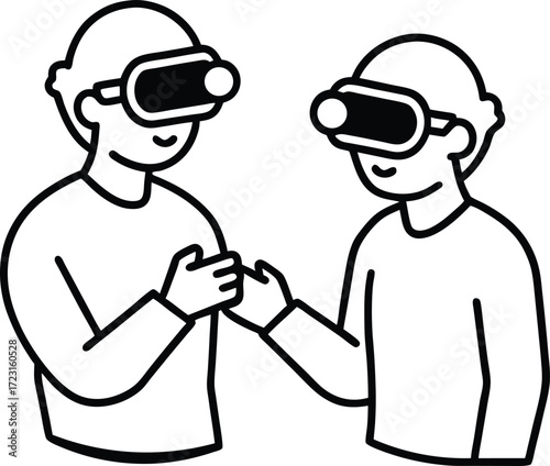 two friends playing vr games line art