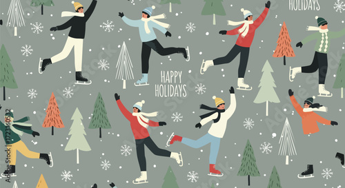 Joyful skaters celebrate winter holidays with festive spirit amidst snowy trees and falling snowflakes, creating a charming seasonal scene