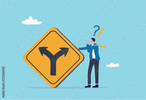 Decision to choose pathway, alternative or choice, deciding career path, determination or thinking to find solution concept, contemplation businessman thinking which way to go on folk road sign.
