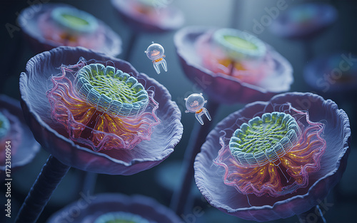 A detailed close up of several flower like structures with two small robot like figures floating nearby