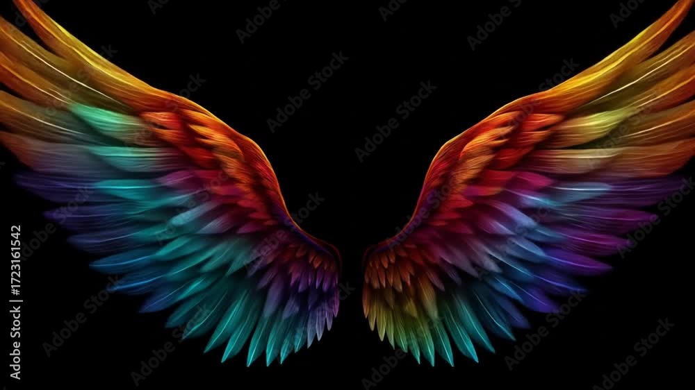 Two iridescent wings on black, gradienting through colors of orange, blue, and purple
