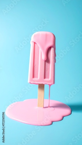 Melted pink popsicle on a pastel blue background