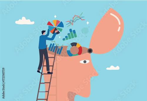 Data scientist, research information or data analysis, intelligence info or knowledge to analyze report, big data or genius concept, businessman put graph diagram report on human head brain.