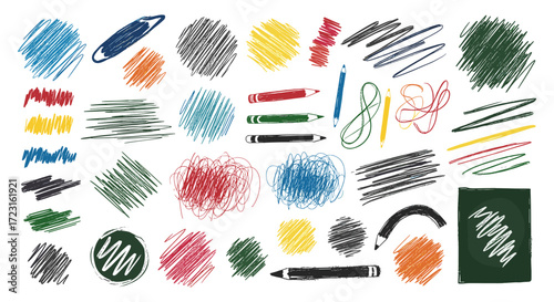 Color crayon scribble strokes set with pencils and textur. vector illustration