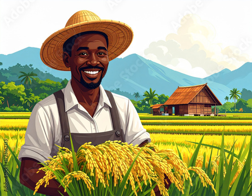 2D Style Illustration of a Farmer's Life in a Rice Field
