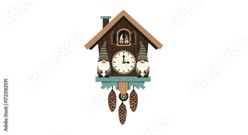 Whimsical cuckoo clock with charming gnomes and pine cone pendulums, perfect for storybook illustrations or festive decor
