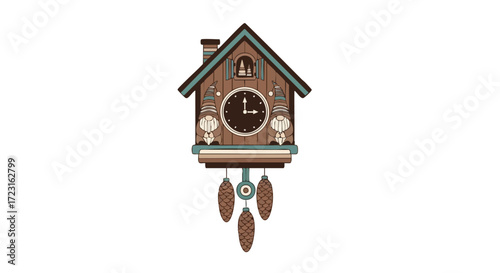 Whimsical cuckoo clock featuring charming gnomes and pinecone pendulums, perfect for festive decor and storytelling