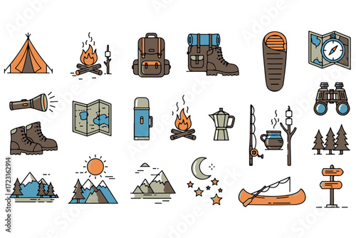 Collection of outdoor adventure and camping icons