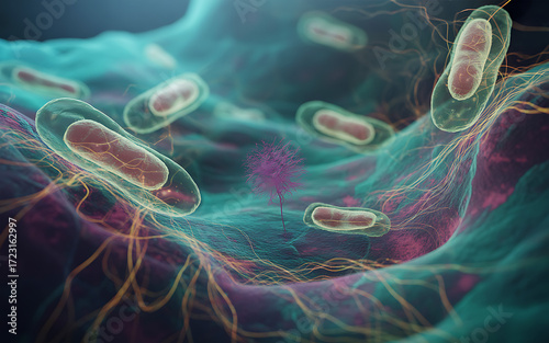 Microscopic view of bacteria cells floating in a teal and purple environment with a small structure
