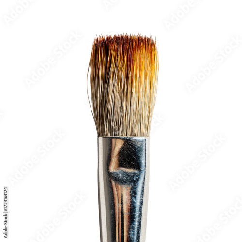 Close-up of a paintbrush tip, showing a light brown, slightly burnt-orange color on the bristles