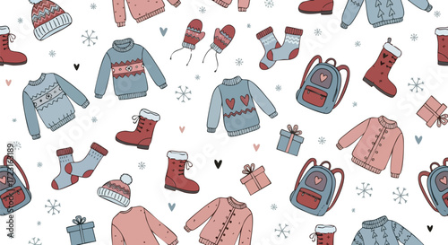Snug winter essentials pattern with cozy sweaters, boots, and gifts for holiday cheer, perfect for festive backgrounds and seasonal designs