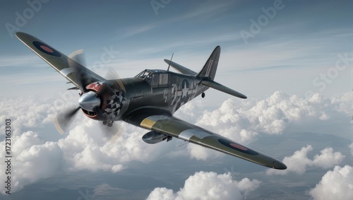 Iconic warbird aircraft soaring through dramatic skies with powerful engine and vintage markings, embodying aviation history and aerial combat