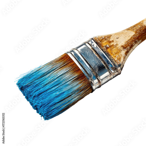 Close-up of a used paintbrush with blue paint.  Wooden handle, metal ferrule, and bristles with residue