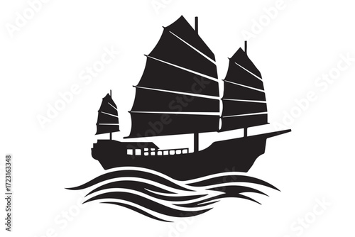 Black silhouette of a traditional chinese junk ship sailing on wavy water