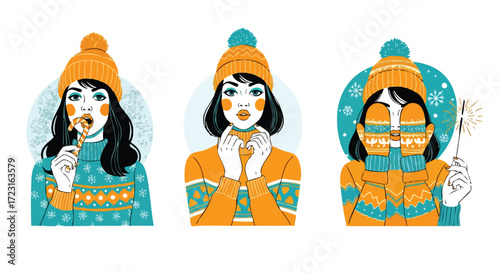Joyful winter fashion portraits featuring girls enjoying festive treats and holiday sparklers with vibrant colors