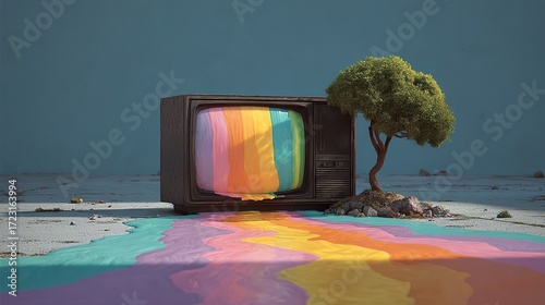 Retro TV with rainbow colors flowing out like paint, with a tree growing beside it. Surreal scene.