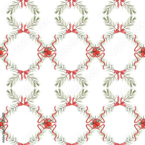 Seamless watercolor symmetrical pattern with evergreen branches, red bows and berries. Hand drawn festive texture, natural decoration, seasonal design for textile, packaging and greeting cards.