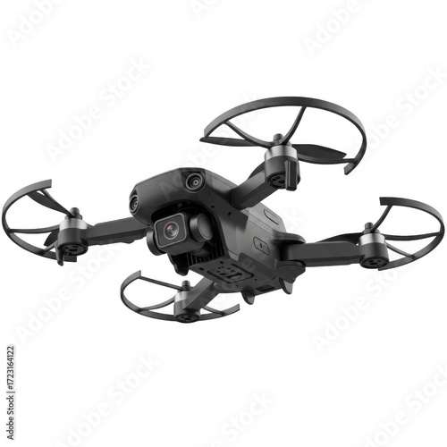 A detailed close up of a black quadcopter drone with four propellers isolated on transparent background