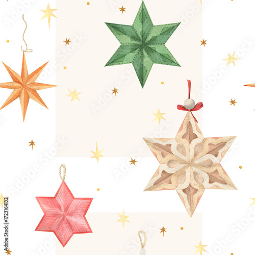 Seamless watercolor pattern with decorative Christmas paper stars. Festive hand drawn texture with winter holiday mood, handmade craft, seasonal design for textile, wrapping and greeting cards.
