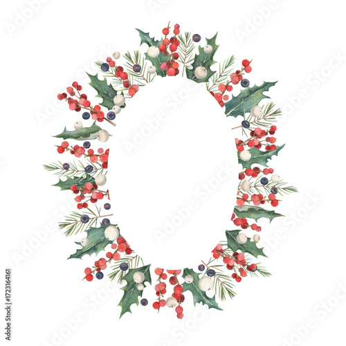 Watercolor frame with evergreen branches, snowberry, holly berry, juniper, red and blue berries. Hand draw festive template for winter holidays, seasonal design and greeting card.