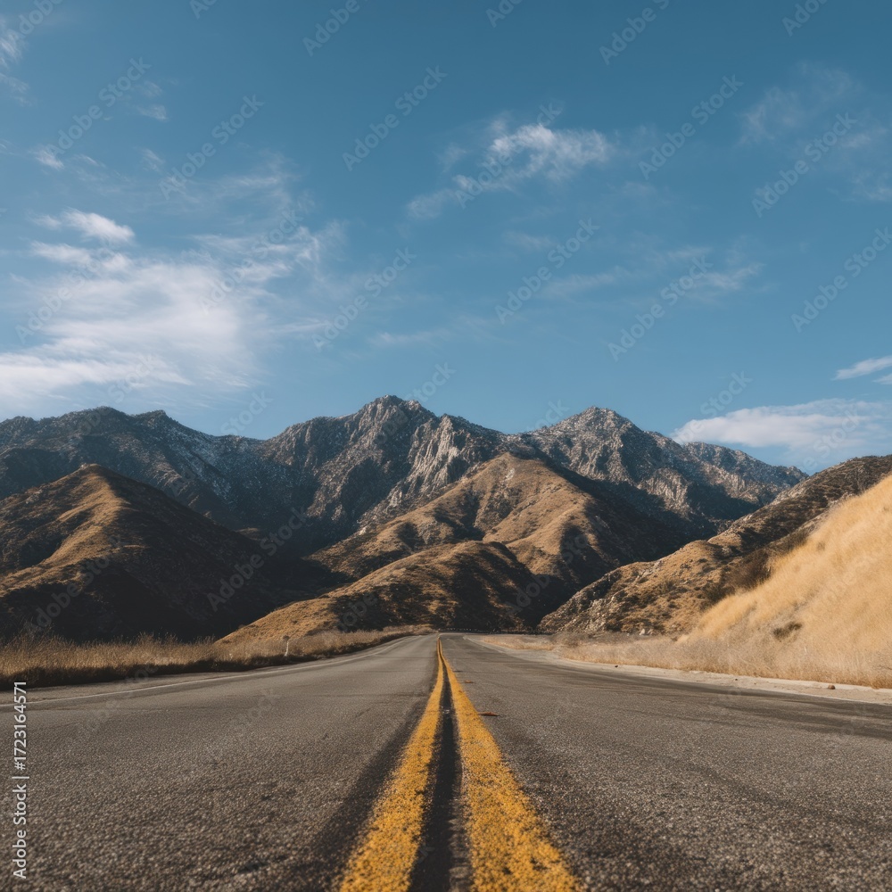 Fototapeta premium Scenic highway leading to majestic mountains under a tranquil blue sky
