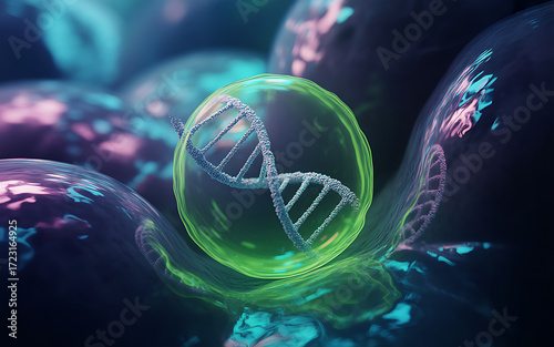 A microscopic view of dna strand inside a green cell surrounded by other cells in a dark background
