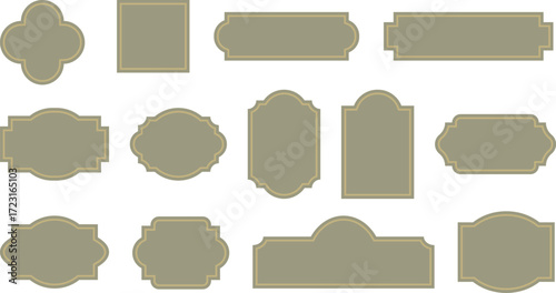 Elegant vintage labels with ornate frames in olive gray and gold color. Classic tags with decorative border for handmade branding, natural and organic packaging. Set of vector designs with blank space