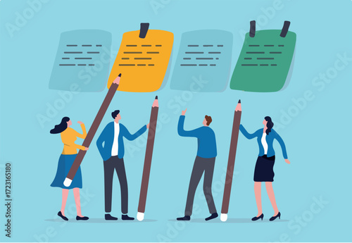 Business brainstorming, meeting to set target and get solution to solve problem or scrum agile method concept, businessman and woman coworkers, colleagues holding pencil with sticky notes on the wall.