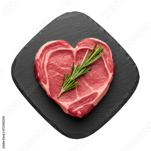 Heart shaped raw beef steak with rosemary sprig isolated on transparent background