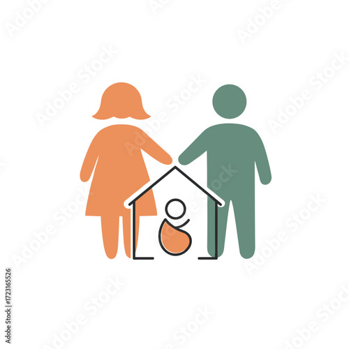 Family illustration with parents and baby standing in house symbol on isolated background 