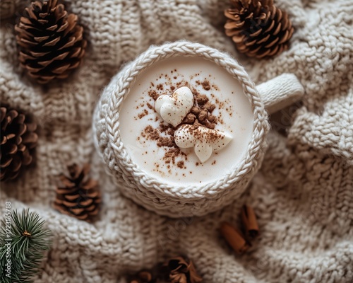 Wallpaper Mural Cozy winter sweater laid flat with pinecones and hot cocoa, soft overhead lighting  Torontodigital.ca